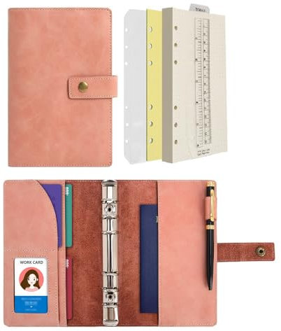 Wonderpool Leder Nachfüllbares Notizbuch Ringbuch A5 Tagebuch - Gepunktetes Papier & Echtleder Innentaschen für Reisearbeit und Organizer (Rosa, A6)