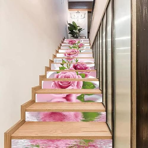 FLFK 3D Circle Rose Pink Flower Stair Stickers Self-Adhesive Removable Stair Riser Decals Wall Stickers Wallpaper Home Decor 39.3x7x13PCS