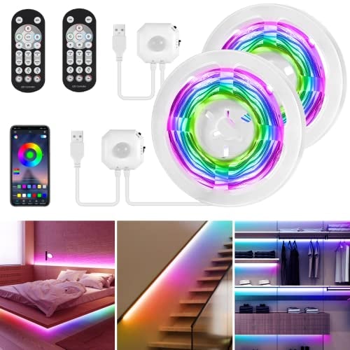 HUEMIHUI LED Bettlicht mit Bewegungssensor, Dreamcolor Nachtlicht LED Strip 6 m,USB LED Streifen mit Fernbedienung&APP Steuerung Bewegung aktiviert Unterbettlicht für Treppen,Schlafzimmer(2 * 3 m)