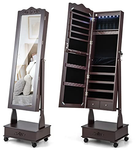 GOPLUS Armoire à Bijoux à Roulettes, Armoire a Bijoux avec Miroir sur Pied avec Lumières LED, 3 Angles Réglables, Organisateur de Bijoux Verrouillable avec Grand Espace de Rangement (Marron)