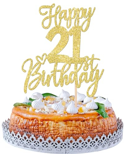 SYKYCTCY 1 Pack Happy 21st Birthday Cake Topper Gold Glitter Cheers to 21 Years Birthday Cake Pick 21 Fabulous Cake Decoration for Happy Birthday Theme Anniversary Party Supplies
