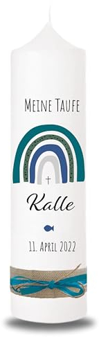 VILLA ROSA LOTTA - Personalisierbare Taufkerze Kommunionkerze Kalle mit Wunschdaten und Rückseite I Regenbogen grün I 25 cm x 7 cm I Taufkerzen für Jungen und Mädchen I Farbe elfenbein weiß
