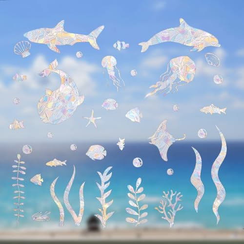 GORGECRAFT 4Stk Ozean-Regenbogen-Fensteraufkleber Seeglas-Aufkleber Wale Meereslebewesen Quallen Fenster Sonnenfänger Abziehbilder Verhindern Vögel Nicht Klebender Prismatischer Aufkleber 19.9x29.9cm