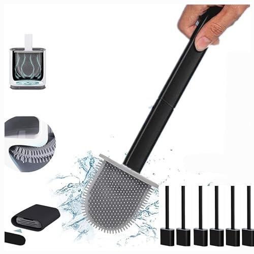 Revolutionary 6 Pack Black Deep Clean Silicone Toilet Brush & Quick Dry Anti-drip Holder, Flexible No scratch Bathroom Brush