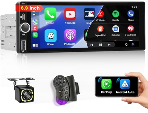 Inefala Stereo Auto 1 DIN con Schermo Wireless CarPlay e Android Auto, 6,9'' Schermo Touchscreen Autoradio Bluetooth con Radio FM EQ SWC Mirror Link USB TYPE-C AUX+Telecamera Posteriore