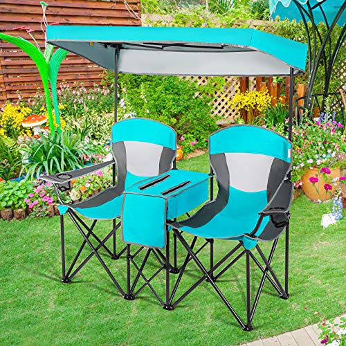 GOPLUS Chaise de Camping Double avec Auvent Réglable et Amovible, Chaise Pliante 2 Places avec Mini Table, Sac Isotherme, 1 Poche, 2 Porte-gobelets, pour Plage Charge 120KG (Turquoise)