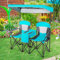 GOPLUS Chaise de Camping Double avec Auvent Réglable et Amovible, Chaise Pliante 2 Places avec Mini Table, Sac Isotherme, 1 Poche, 2 Porte-gobelets, pour Plage Charge 120KG (Turquoise)