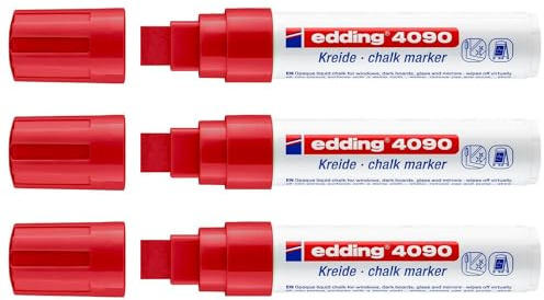 Edding Set mit 3 flüssigen Kreidemarkern 4090, Glas, Fenster, Schiefer, Rot, abgeschrägte Spitze, 4 – 15 mm