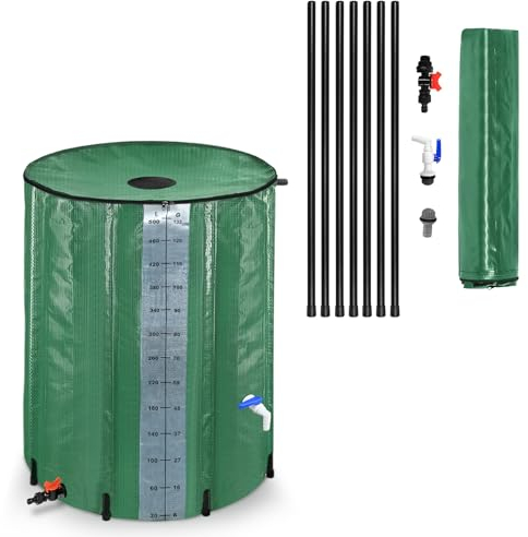 YUENFONG 500L Regentonne Regenwassertonne 132 Gallonen Faltbare Regenwassertank Mit Skalenanzeige PVC Regentank mit inkl. ABS-Ablaufventil, für Garten, Terrasse, Dunkelgrün