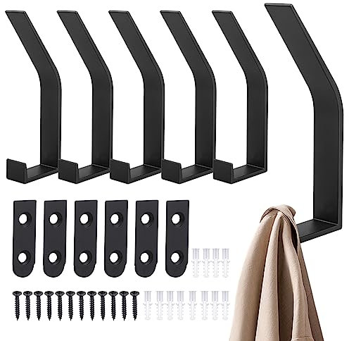 Samamoca 6Pack Coat Hooks Wall Mounted, Modern Wall Hooks for Hanging Clothes, Jackets, Coats, Bags, Towels, Hats, Screw Invisible Wall Hangers for Hallways, Door, Kitchen, Bathroom, Bedrooms, Black