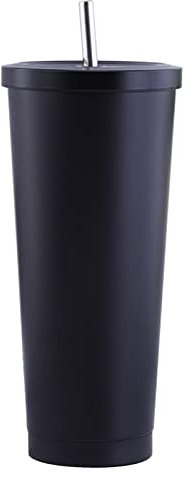 25oz/750ml Stroh-Vakuumbecher-Flasche aus Edelstahl, Isoliert für Bubble Tea, Hohe Kapazität 750ml (Schwarz)