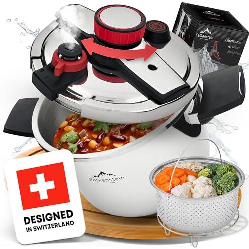 𝐅𝐚𝐥𝐤𝐞𝐧𝐬𝐭𝐞𝐢𝐧 Schnellkochtopf 6l [diesen Monat inkl. gratis Garkorb], geeignet für alle Herdarten > Pressure Cooker 𝐦𝐢𝐭 𝐊𝐨𝐜𝐡𝐳𝐞𝐢𝐭𝐬𝐢𝐠𝐧𝐚𝐥 | Dampfkochtopf mit 2 Kochstufen