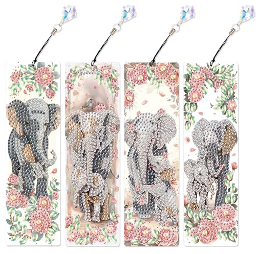 DCIDBEI 4 Pack Diamond Painting Lesezeichen Bunt Set Malen nach Zahlen Erwachsene Seite Markierungen Clip Bookmark Für Bücher Seitenmarkierungsclip Lesezeichen Lesen Zubehör (Elefant)