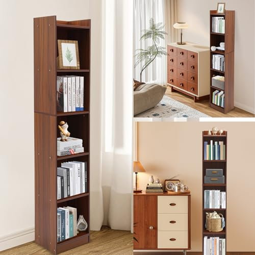 YNAADYH 152Cm Bücherregal Holz Regal Schmal Hoch, Würfelregal 5-Stufiges Lagerregal Schmaler Eckregal Dunkelbraun Würfelregal Holz Für Aufbewahrung Von Büchern 30X24X152Cm