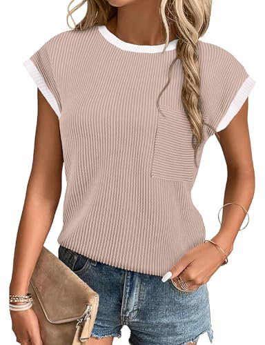 Flikity Tops for Women UK Cap Short Sleeve Blouses Ladies Tunic Tops Size 12-14 Basic Textured Solid Casual Crew Neck T Shirts Apricot Medium