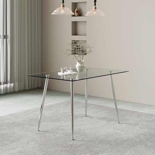 AOYA Esstisch, quadratischer Esstisch, Küchentisch aus gehärtetem Glas für Wohnzimmer, Esszimmer, Silber, 110 cm