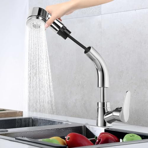 360° Drehbar Wasserhahn Küche,Küchenarmatur Ausziehbar mit 2 Strahlarten Säulentyp Wasserauslass,Anhebbare Armatur küche und Duschwasserauslass,Spültischarmatur für Küchenspüle, Chrom