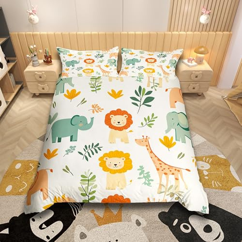 Homemissing Zoo Tier Bettwäsche Set 135x200cm für Kinder Mädchen Jungen Teens Süße Wildtiere Bettbezug Cartoon Safari Wild Print Bettwäsche-Set Cartoon Elefant Exotisches natürliches Thema
