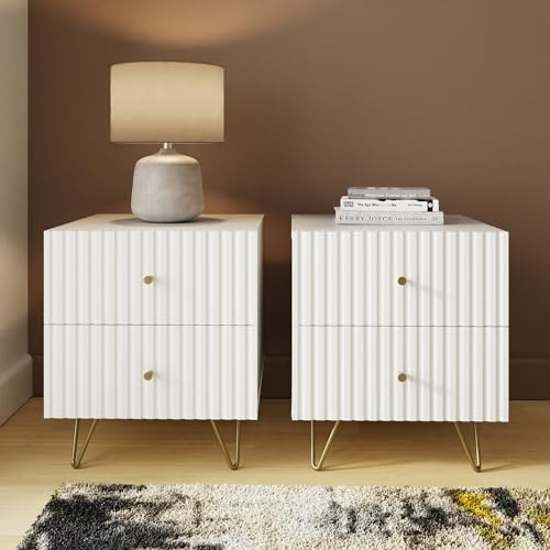 GFW Thalia Bedside Table Set of 2, Modern White Nightstands with Textured Finish & 2 Drawer Storage