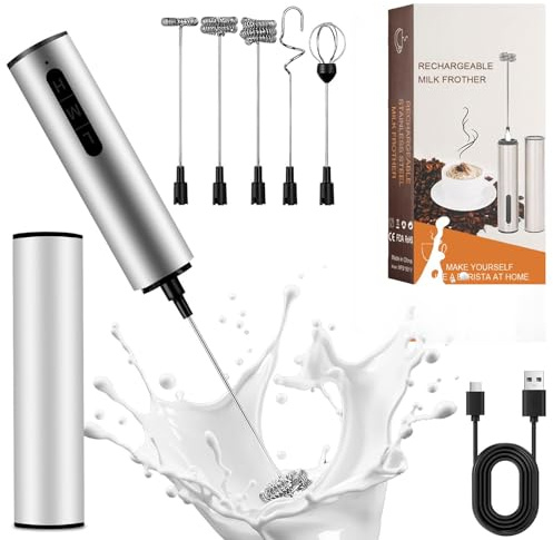 Espumador de leche electrico de mano,Batidora leche espuma recargable USB 3 velocidades ajustable - 4 Varillas Acero Inoxidable,Mezclador de Bebidas para Matcha Lattes Capuchino, Regalos de Cocina