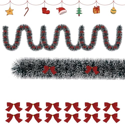 HENGMEI Weihnachtsgirland 15m Girlande Weihnachten Weihnachtsdeko Tannengirland Weihnachtsbaum Glänzend Christbaumschmuck Tür Kugelkranz (Grün/Weiß)