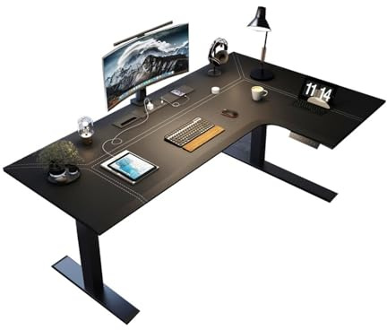 ZENGXJYCQINGJIANG Gaming Desk Adjustable Height L-Shaped Leather PC Desk, Electric Corner Standing, Sit Stand Workstation with Charging Outlets(S)