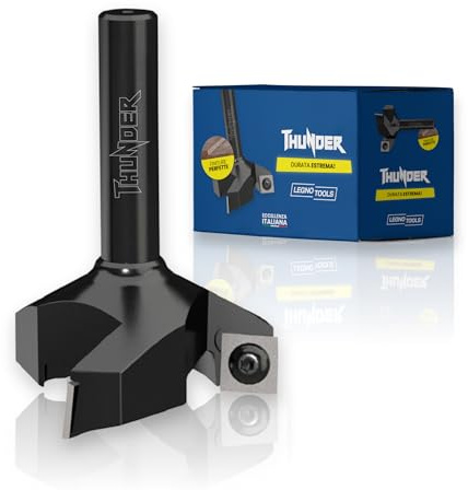 LegnoTools Thunder – Fresa per spianare legno diametro 35 mm, gambo 8 mm, con 3 inserti intercambiabili in metallo duro 10.5 mm – per livellare, bordi e scanalature – per CNC e fresatrice verticale
