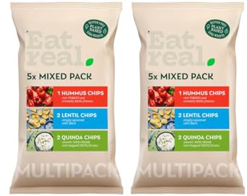 Hummus Chips Tomato & Basil, Salt, Sour Cream & Chive 2 x 98g Pack, Mixed Pack Chips offer a delicious variety of plant-based snacks that cater