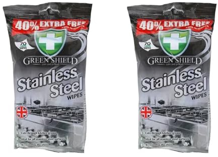 Green Shield Stainless Steel Cleaning Wipes, 70 Large Sheets, Kitchen Appliance Cleaner for Fridges, Ovens & Hobs, Removes Grease, Streak-Free Shine, Multi-Surface Metal Care, (Pack of 2)