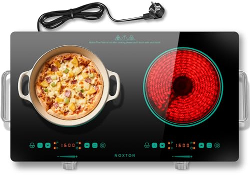 Noxton Double Ceramic Hob 30cm, Built in Electric Hob with Safety Lock & 4 Hour Timer, with 9 Power Levels, 3200W, 220-240V Silver Knob