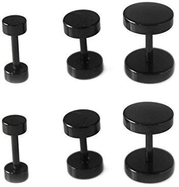 3 x Pairs Mens Surgical Steel Earring Ear Stud Fake Ear Stretcher Stainless Black