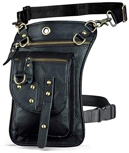 Le'aokuu Herren Echtes Leder Tasche Hüfttasche Beinbeutel Kleines Haken Tasche Messenger Bag 2141 (2141 A3 Schwarz)
