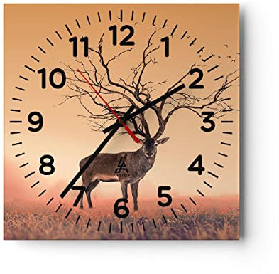 Modern Wanduhr Hirsch Baum Nebel Wald 40x40cm Quadrat Groß Wand Uhr Glas Analog Zimmeruhren Küche Büro Wohnzimmer Glasuhr Wall Clock Dekoration Design Wanddekoration Küchenuhr C4AC40x40-3127