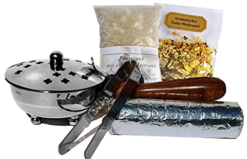 Räucherpfanne Set Silber Nickel 5 teilig Räuchergefäß zum Räuchern von Weihrauch, Harzen, inkl. Weihrauch, Räucherkohle, Räuchersand, Räucherzange