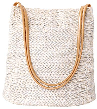 Bolso de Paja Mujeres al Aire Libre Playa Mano Hechas Bolsa de Playa Totes Estilo boho Summer Beach Purse para Viajar Fecha Vacaciones y Uso Diario Beige
