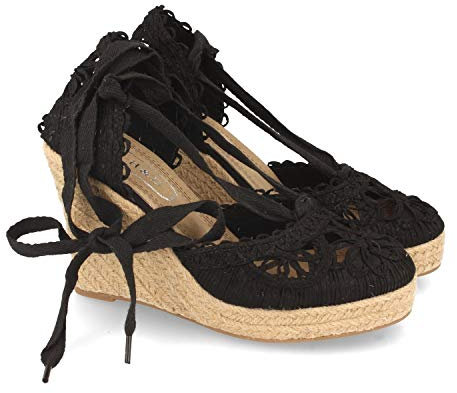 Sandalia Valenciana de Mujer Estilo Vintage con Cuna de Yute, Pala con Tiras Cosidas en Forma de Petalos de Flor y Cordones en el Tobillo. Primavera Verano 2020.. Talla 41 Negro