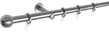 ondeco Gardinenstange 1-lauf, Vorhangstange Fenster Wandmontage, Endstück Ball, Komplettgarnitur 16 mm Komplett-Set mit Ringen und Faltelegehaken Edelstahl-Optik 160 cm