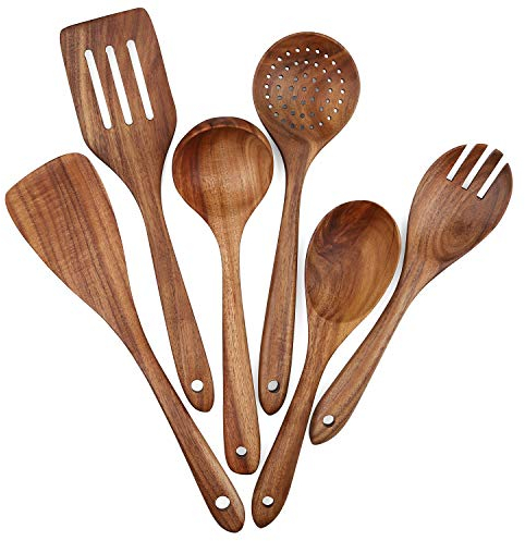 Juego de utensilios de cocina de madera, 6 piezas, utensilios de cocina antiadherentes, espátula, tenedor, espátula ranurada, cuchara de sopa, cucharón