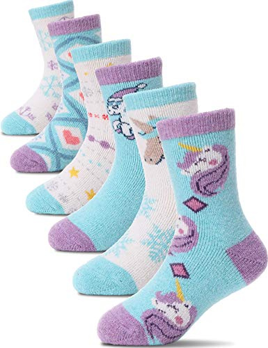 PROETRADE Thermal Merino Wool Socks for Kids Toddlers Girls Boys Warm Thick Walking Winter Crew Heavy Boot Cosy Hiking Socks 6 Pack