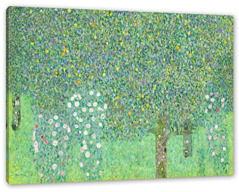 Gustav Klimt - Rosen unter Bäumen als Leinwandbild / Größe: 100x70 cm / Wandbild / Kunstdruck / fertig bespannt, Weiß