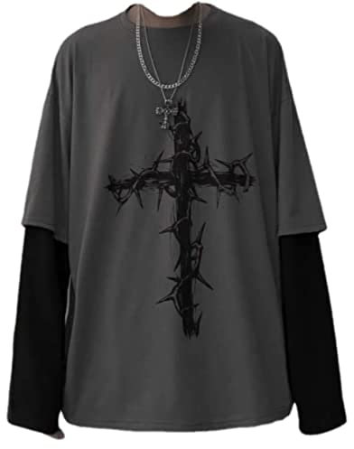 Grunge Gothic Clothes Harajuku Fashion Alt Emo Clothing Oversized Casual Long Sleeves Crewneck T-Shirt Tee Streetwear, Grey, M