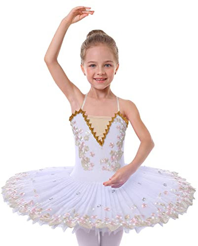 IBAKOM Girls Ballet Dance Dress Swan Lake Sling Strap Lace Pearl Embroidery Camisole Gymnastic Leotard Tutu Costume Figure Skating Dancewear Ballerina Outfit White - Flower 7-8 Years