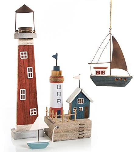 Logbuch-Verlag Maritime Deko Stadt aus Holz mit Leuchtturm Haus Segelboot - Dekoidee Badezimmer Wellness-Bereich