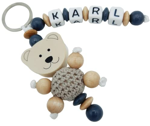 Schlüsselanhänger mit Namen personalisiert - 3D Bär mit Häkelperle - Holz natur grau - Namensanhänger für Kinder Mädchen Junge