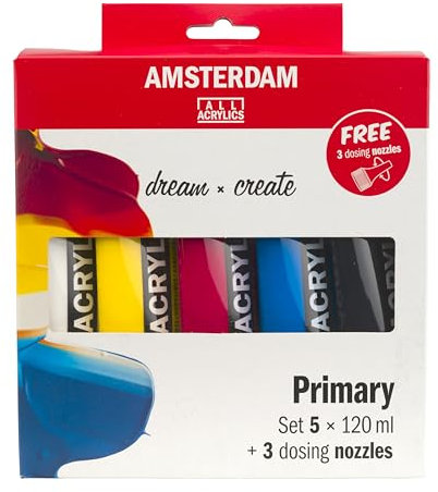 Amsterdam Standard Series Peinture Acrylique | Set de Mélange (5 x 120 ml) | Couleurs Primaires + Noir & Blanc | + 3 Becs Verseurs