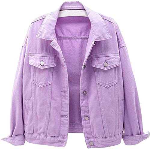 Lazutom Veste en jean basique boutonnée à manches longues pour femme, violet, 48