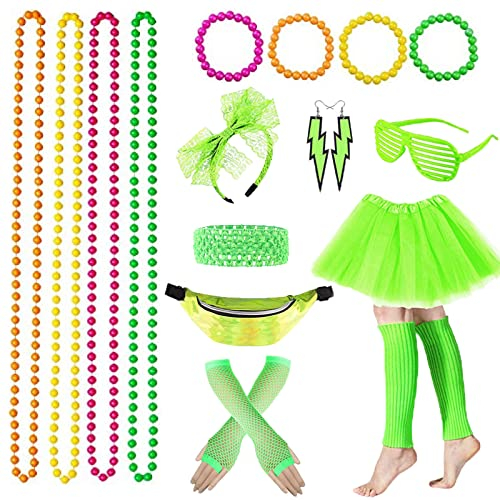 Kostüm für Damen, 80er Jahre, Neon-Tutu, Neon-Tasche, Brille, Haarband, Halsketten, Armbänder, Beine, Ohrringe 80er 90er Jahre, Kostüm für Damen und Kinder, Party, Neon, Abend