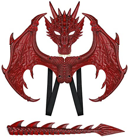 Yeeteesy Ailes de dragon d'Halloween, queue, ensemble de masque, costume de mascarade, cosplay, cadeau de fête, accessoires pour enfants, garçons, filles et adultes (ensemble rouge)