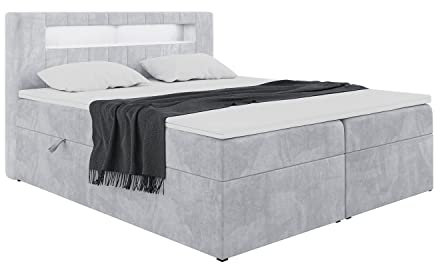 MEBLINI Boxspringbett mit Bettkasten - Bett mit LED Kopfteil - Gepolstert Doppelbett mit Matratze und Topper - Polsterbett mit Stauraum - Stauraumbett - ASPIN - 140x200 - H3/Hellgrau Samt
