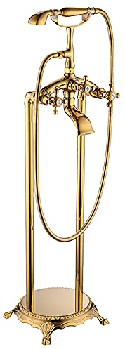 Badewannenarmatur Freistehende Badewannenarmatur Antik Messing Wasserfall Wannenmischbatterie Keramik Kristallgriff Bodenmontage Wannenfüller Mit Handbrause, Gold